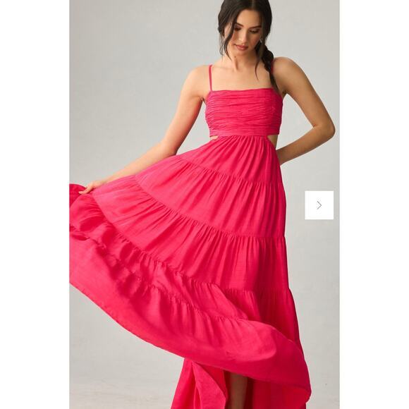 New! Anthropologie Let Me Be Cutout Tiered Dress in Magenta, women size XSP - Picture 2 of 15